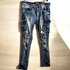 Makobi Denim Distressed Jeans Men's Sz 36x34 Destroyed Zipper Jeans